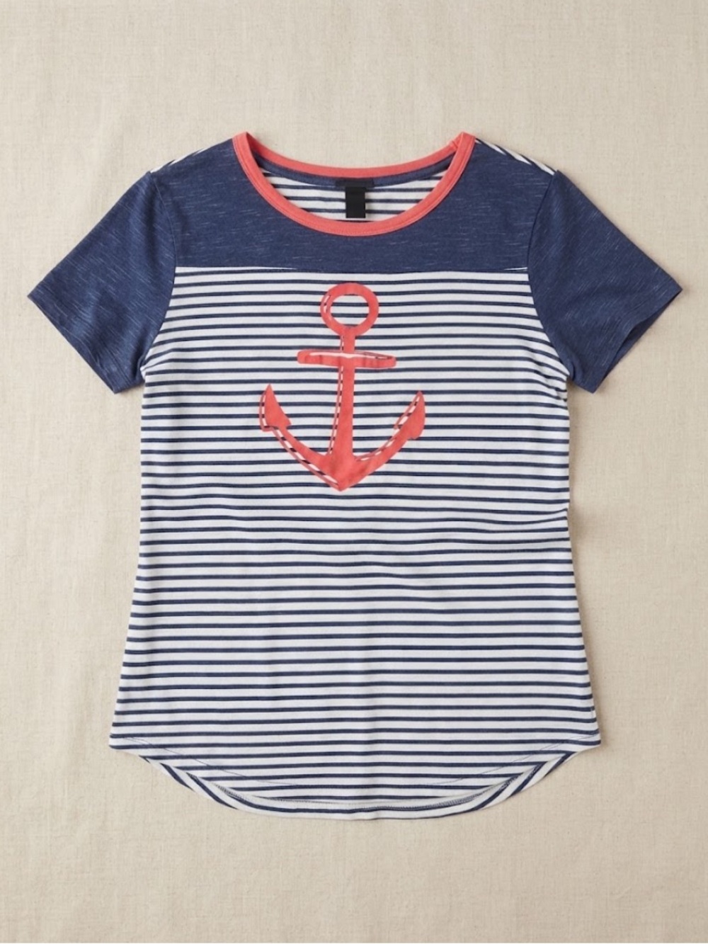 Women Navy Stripe Anchor Tee with Coral Trim